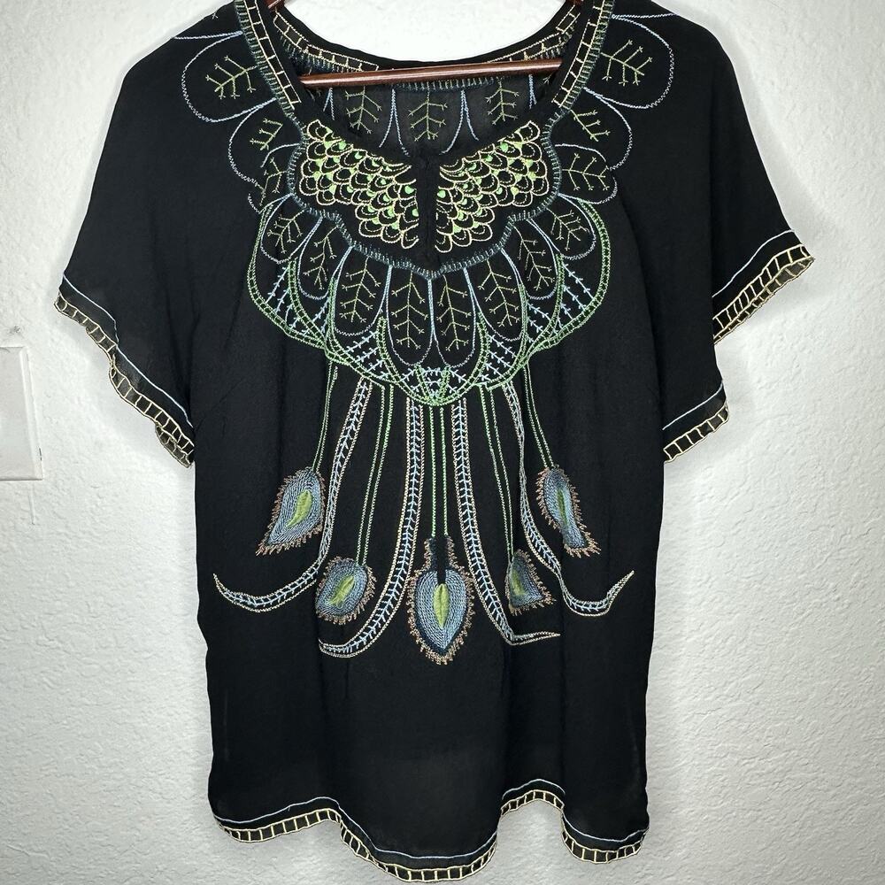 Mushka by Sienna Rose Peacock Embroidered Boho Blouse Black Sheer Medium Artsy